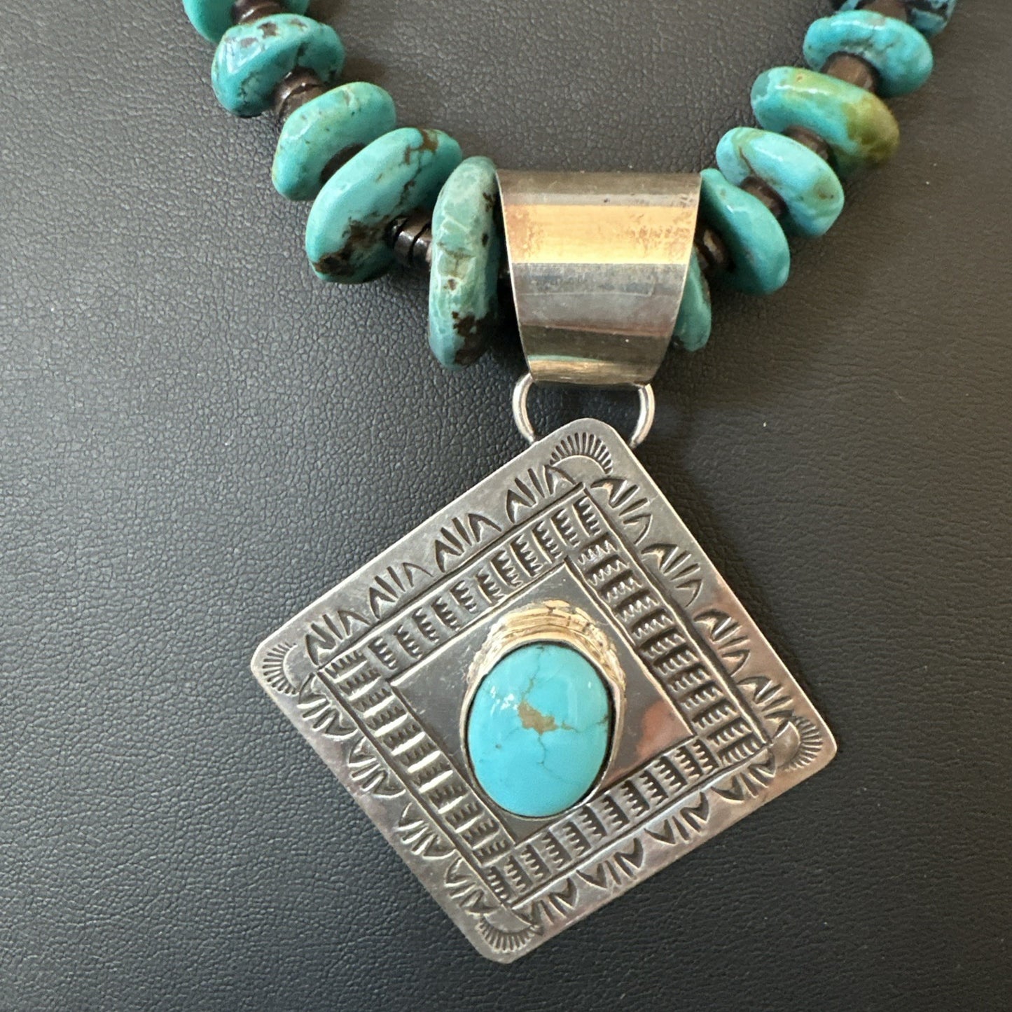 Navajo Blue Turquoise Stamped Pendant Shell Sterling Silver 29” Necklace 19704