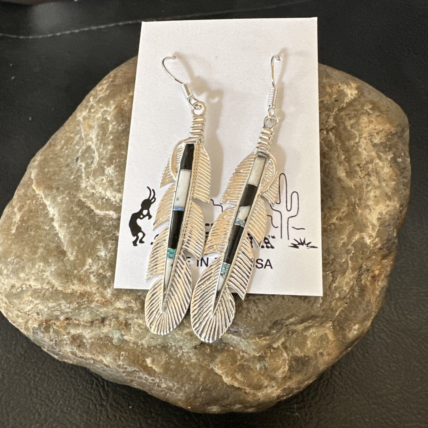 White Buffalo Turquoise Opal Sterling Silver Handmade Feather Earrings 18696