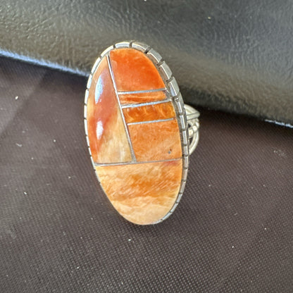 Women Orange Red Spiny Oyster Navajo Sterling Silver Ring Sz 6.5 18592