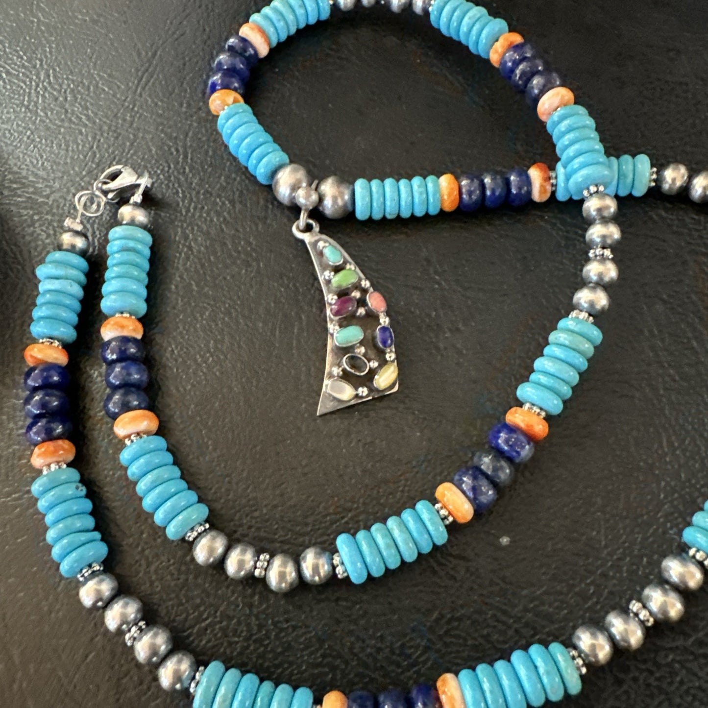 Multicolor Turquoise Spiny Navajo Sterling Silver Cluster Pendant Necklace 19650