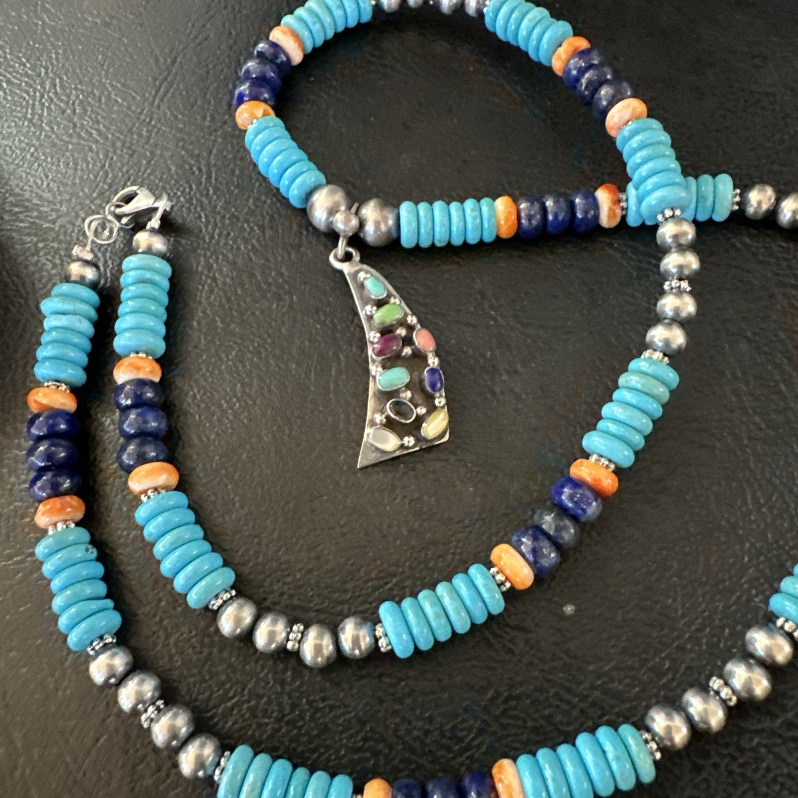 Multicolor Turquoise Spiny Navajo Sterling Silver Cluster Pendant Necklace 19650