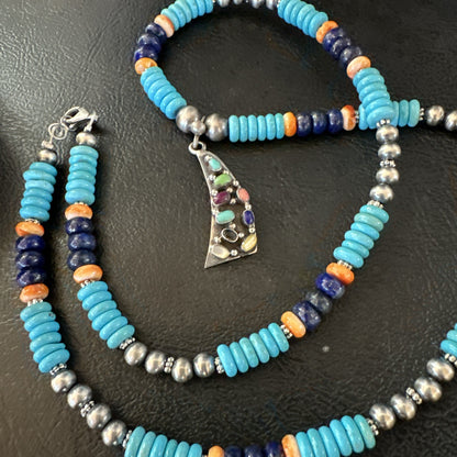 Multicolor Turquoise Spiny Navajo Sterling Silver Cluster Pendant Necklace 19650