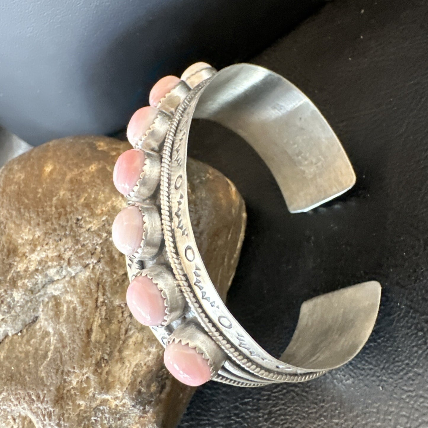 Navajo Pink Conch Cluster Sterling Silver Cuff Bracelet 18863