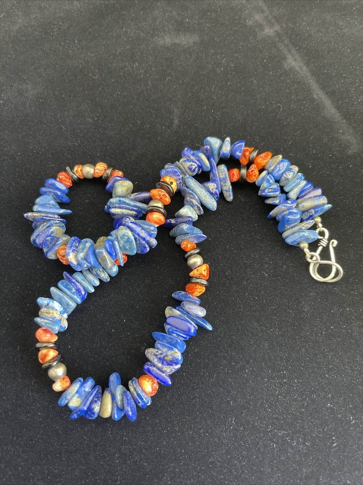 Mens Lapis Lazuli & Spiny Oyster Navajo Sterling Silver Necklace 18" 1737