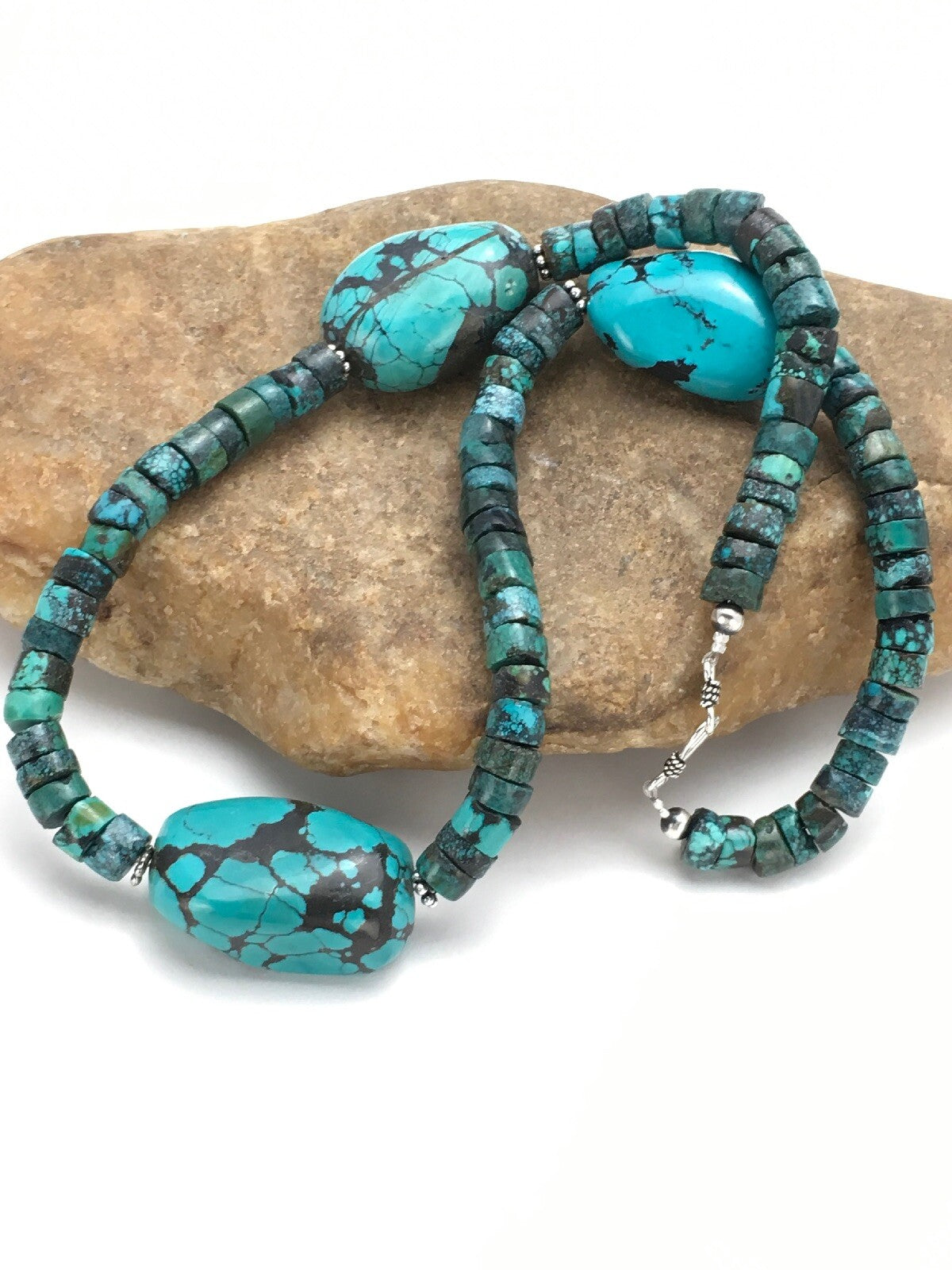 Spider Web Turquoise Heishi Navajo Sterling Silver Beads Necklace 21" 02960