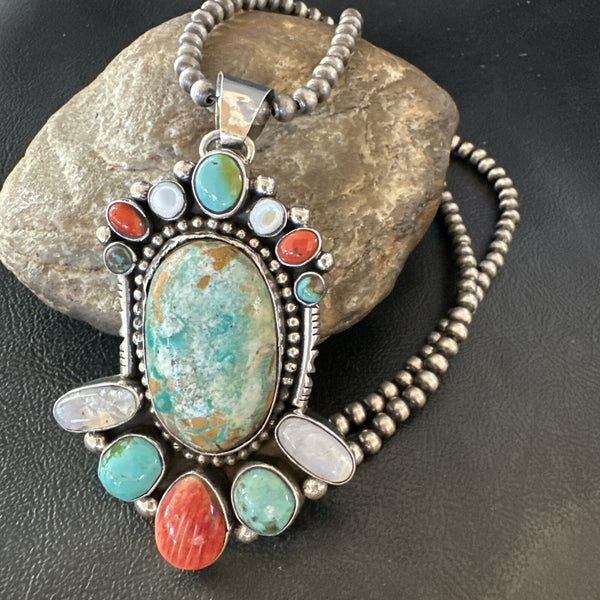 XL Royston Turquoise Spiny Cluster Pendant Navajo Necklace | Sterling Silver | Authentic Native American Handmade | 18750