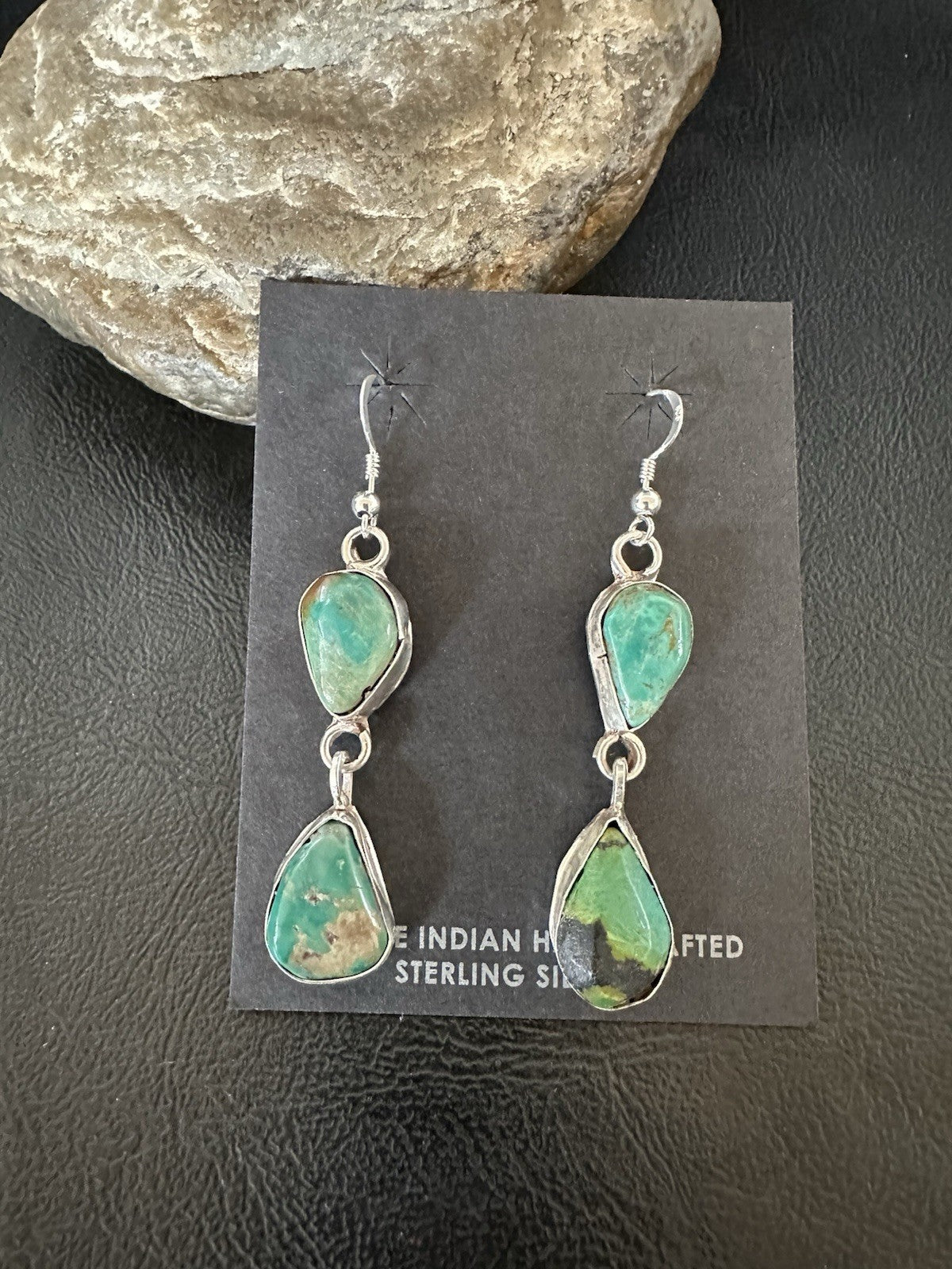 Green Royston Turquoise Navajo Sterling Silver Dangle Earrings 19370