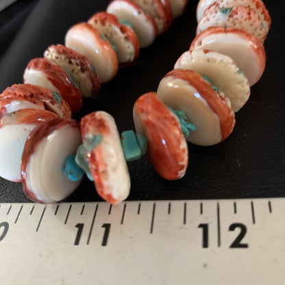 Womens Blue Turquoise & Red Spiny Oyster Navajo Sterling Silver Necklace 00114