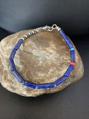Navajo Lapis Turquoise Coral Beaded Bracelet 7" | Sterling Silver | Authentic Native American Handmade | 13117