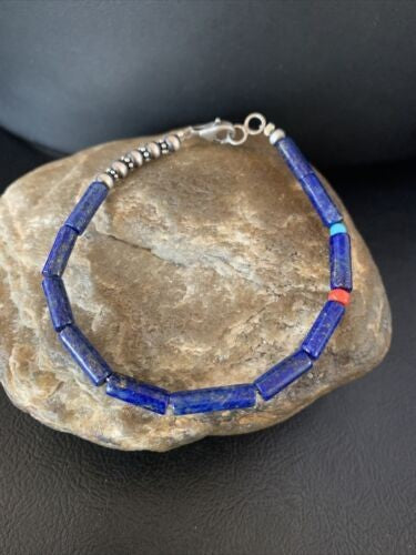 Navajo Lapis Turquoise Coral Beaded Bracelet 7" | Sterling Silver | Authentic Native American Handmade | 13117