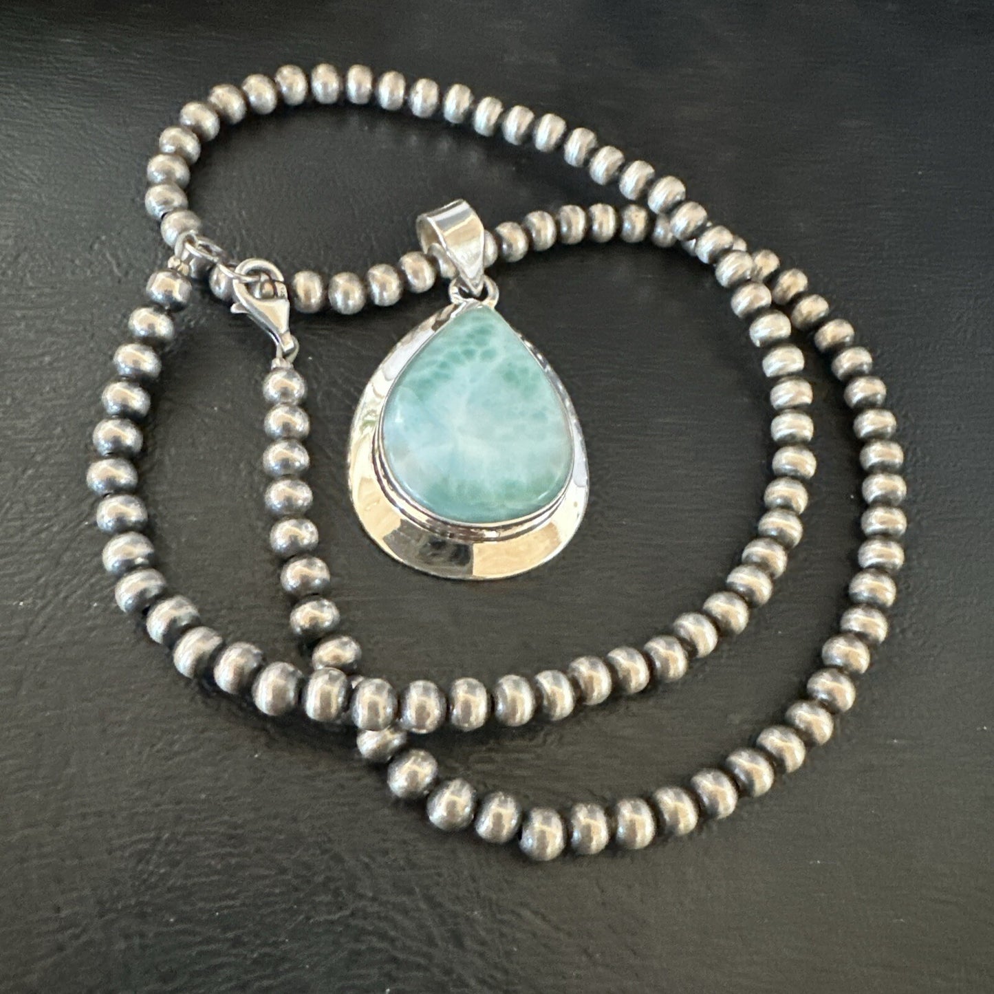 Womens Blue Larimar Pendant Navajo Sterling Silver Beads Necklace 17715
