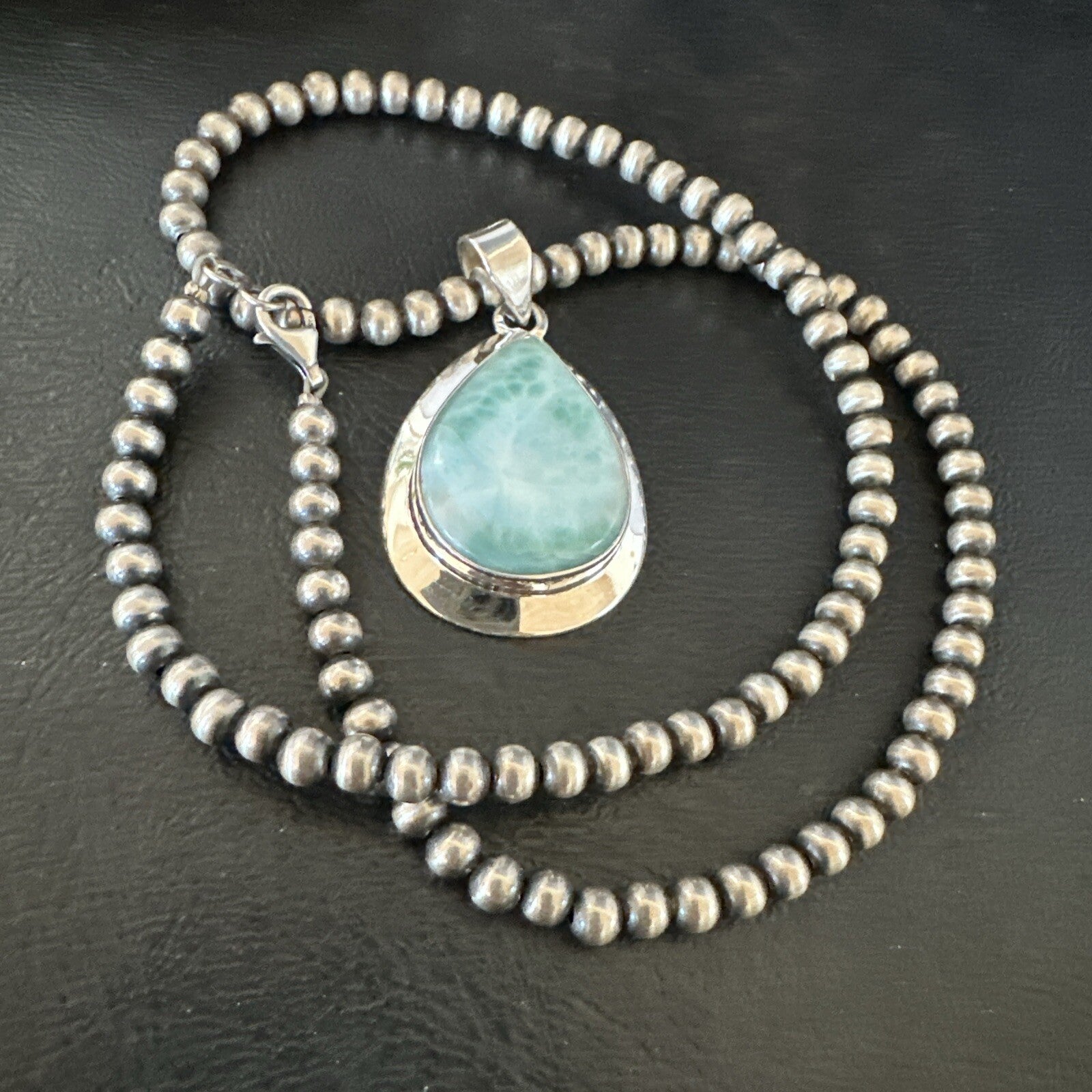 Womens Blue Larimar Pendant Navajo Sterling Silver Beads Necklace 17715