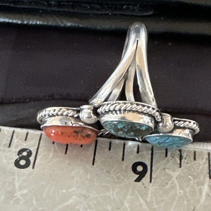 Multicolor Ring Turquoise Coral Spiny Navajo Sterling Silver Cluster Sz 10 19194
