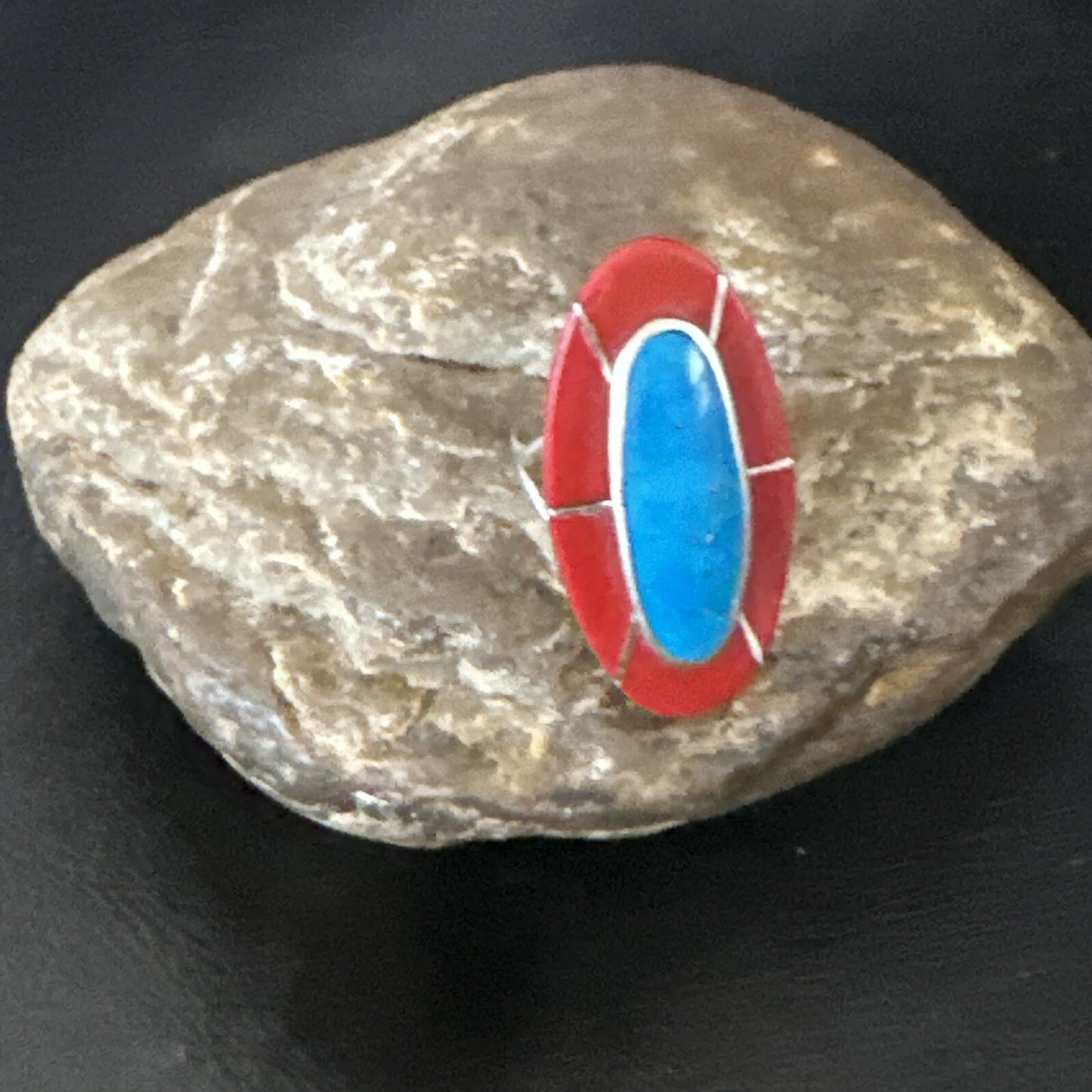 Blue Turquoise Coral Navajo Sterling Silver Ring Size 7.5 18767