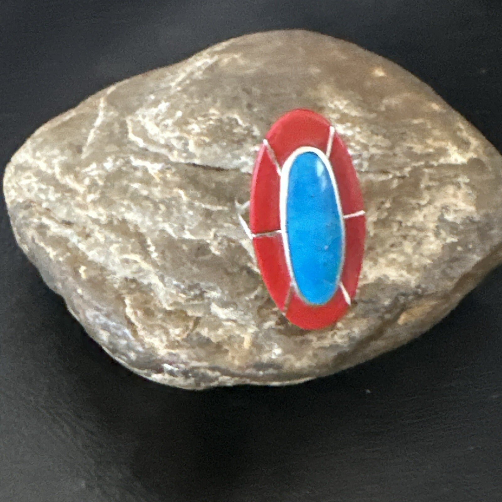 Blue Turquoise Coral Navajo Sterling Silver Ring Size 7.5 18767
