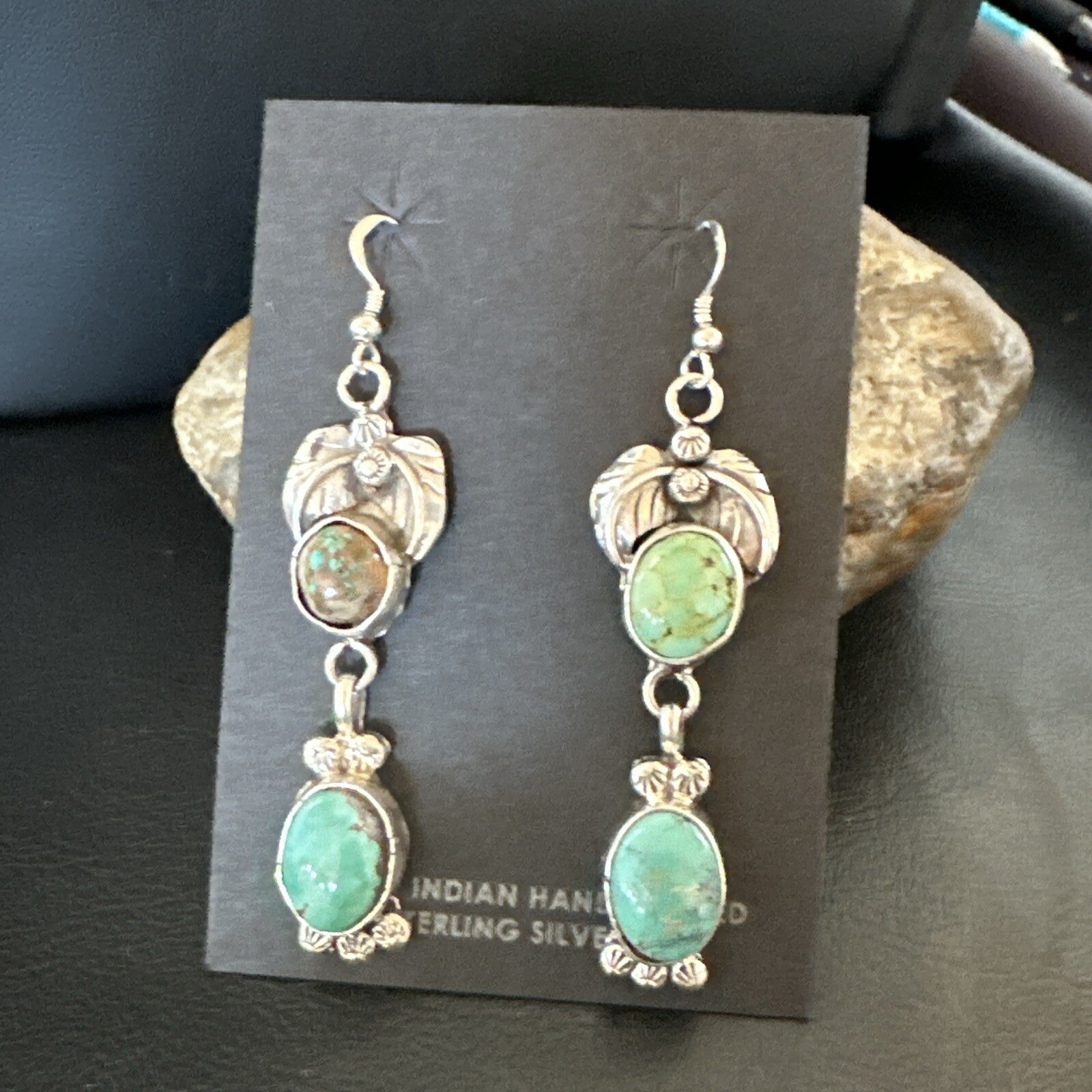 Navajo Green Turquoise Sterling Silver Dangle Earrings 2” 18043