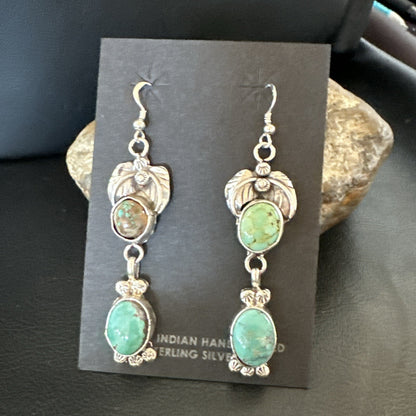 Navajo Green Turquoise Sterling Silver Dangle Earrings 2” 18043