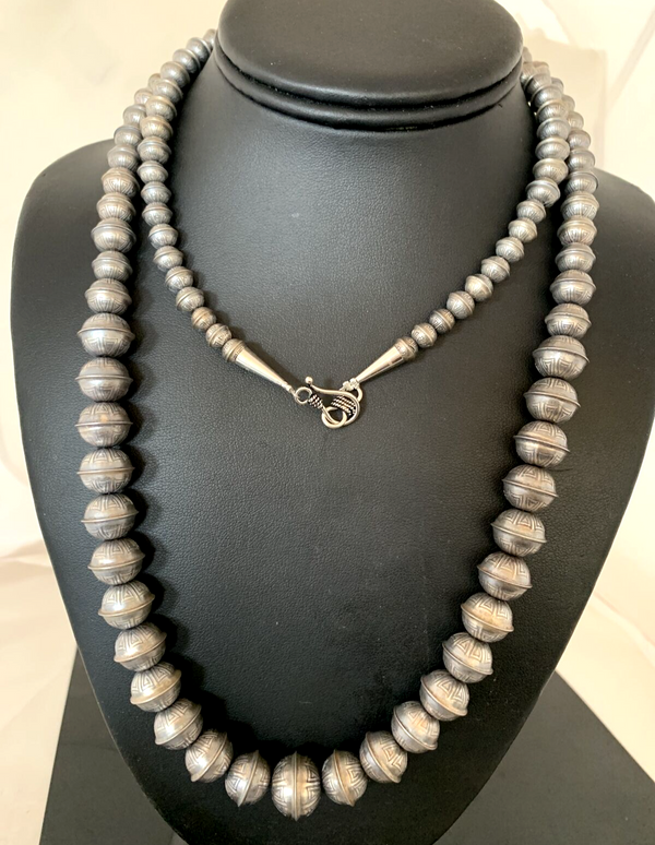 Hand Stamped Bench Navajo Pearls Graduated Bead Necklace 36" | Sterling Silver | Authentic Native American Handmade