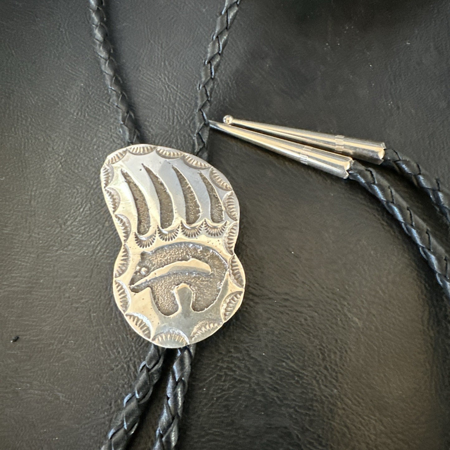 Native American Hopi Mens BearPaw Bolo tie Sterling Silver 2" 19162