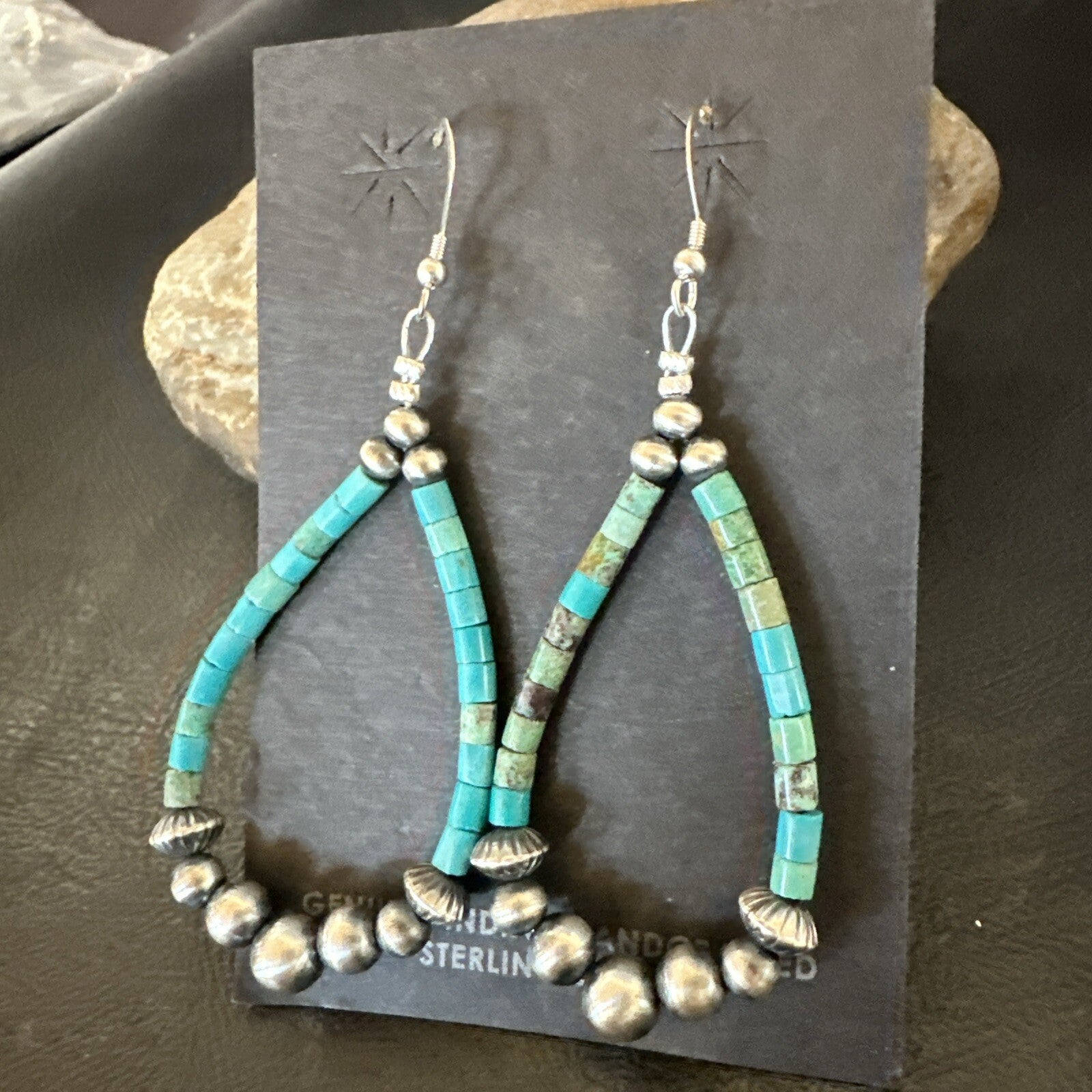 Blue Turquoise Heishi Sterling Silver Beads Navajo Beads Earrings 2" 17873