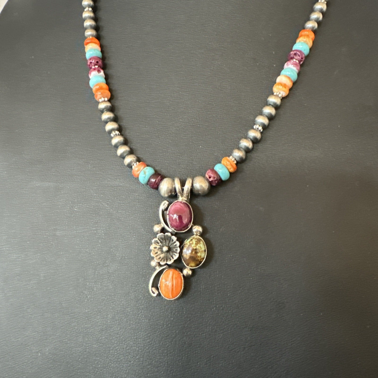 Multicolor Turquoise Spiny Navajo Sterling Silver Cluster Pendant Necklace 19640