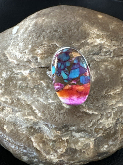 Blue Turquoise Purple Spiny Oyster Navajo Sterling Silver Ring Size 6 18204