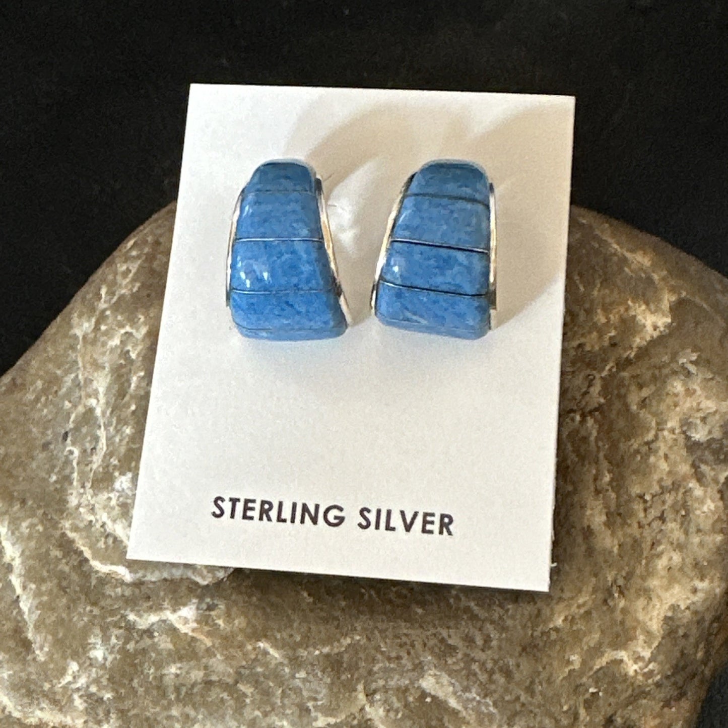 Southwestern Sterling Silver Blue  Denim Lapis Stud Inlay Earrings 1” 19268