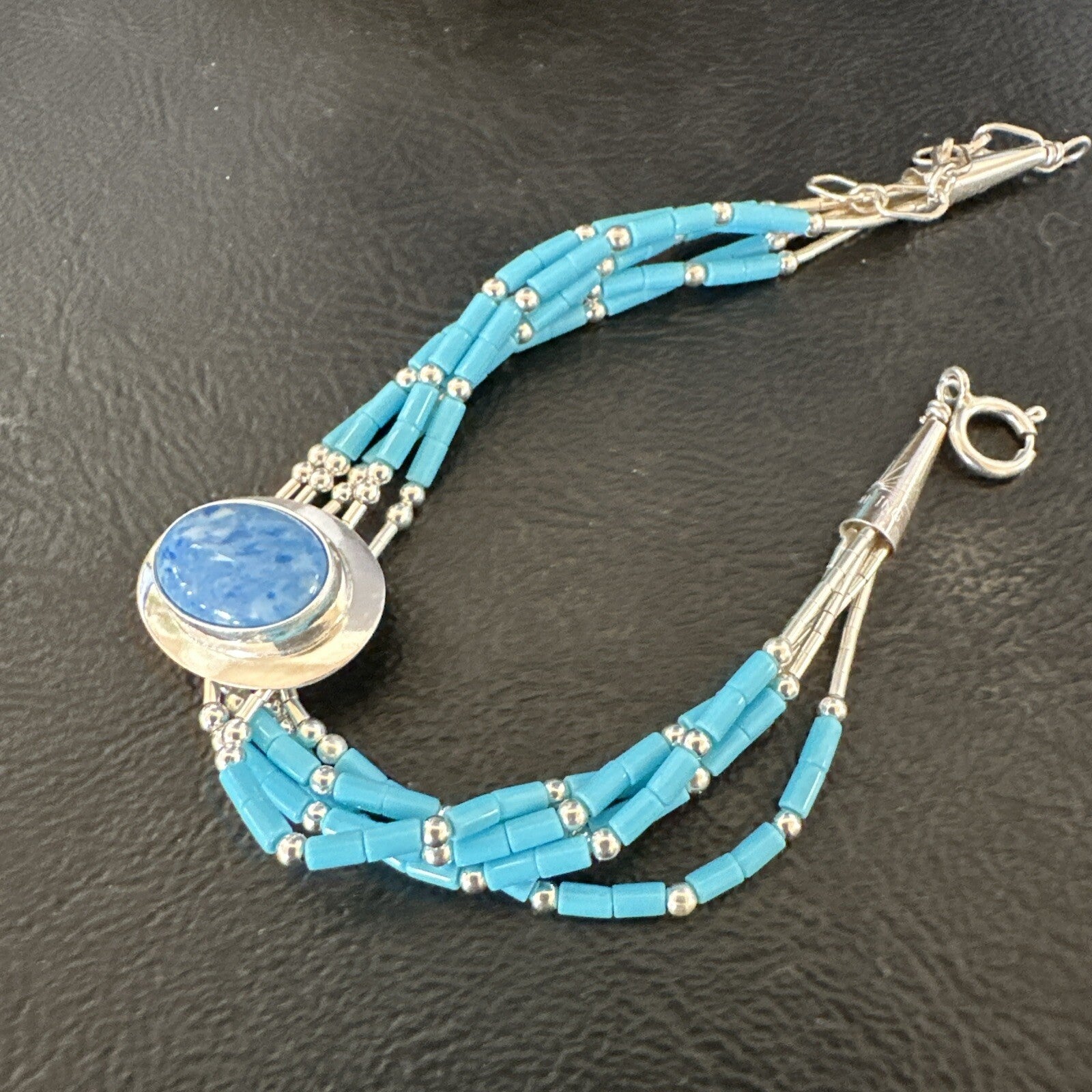 Blue Turquoise Lapis Heishi 5S Pendant Liquid Sterling Silver Bracelet 8" 17753