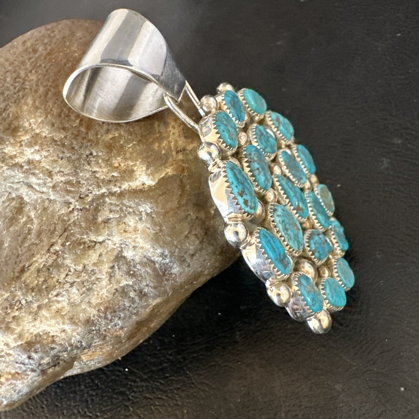 Cluster Kingman Turquoise Navajo Sterling Silver Necklace Pendant 2.75” 19087