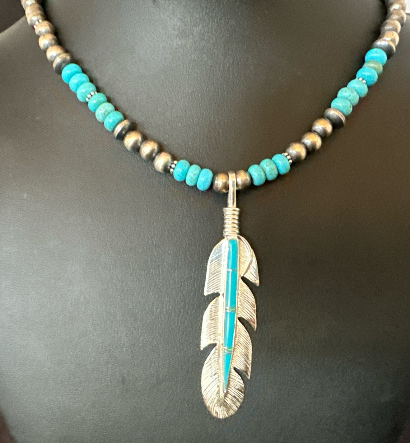 Mens Feather Turquoise Pendant Navajo Sterling Silver Necklace 18668