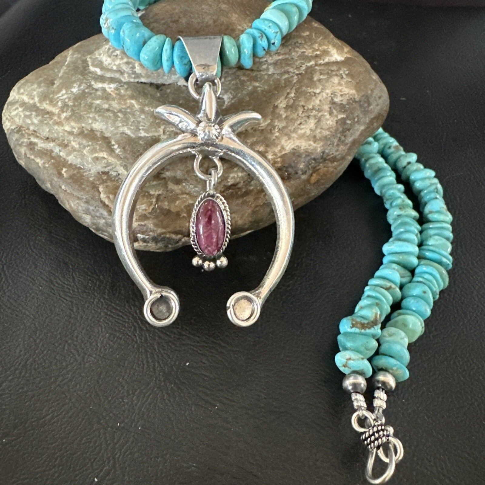 Mens Blue Turquoise Spiny Naja Pendant Navajo Sterling Silver Necklace 21” 17719
