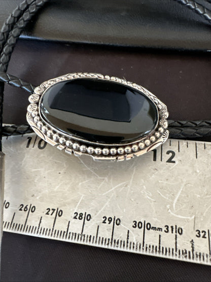 Mens Black Onyx Navajo Sterling Silver Bolo Tie 18663