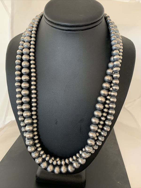 Navajo Pearls Graduated 3 Strands Necklace 25" | Sterling Silver | Authentic Native American Handmade