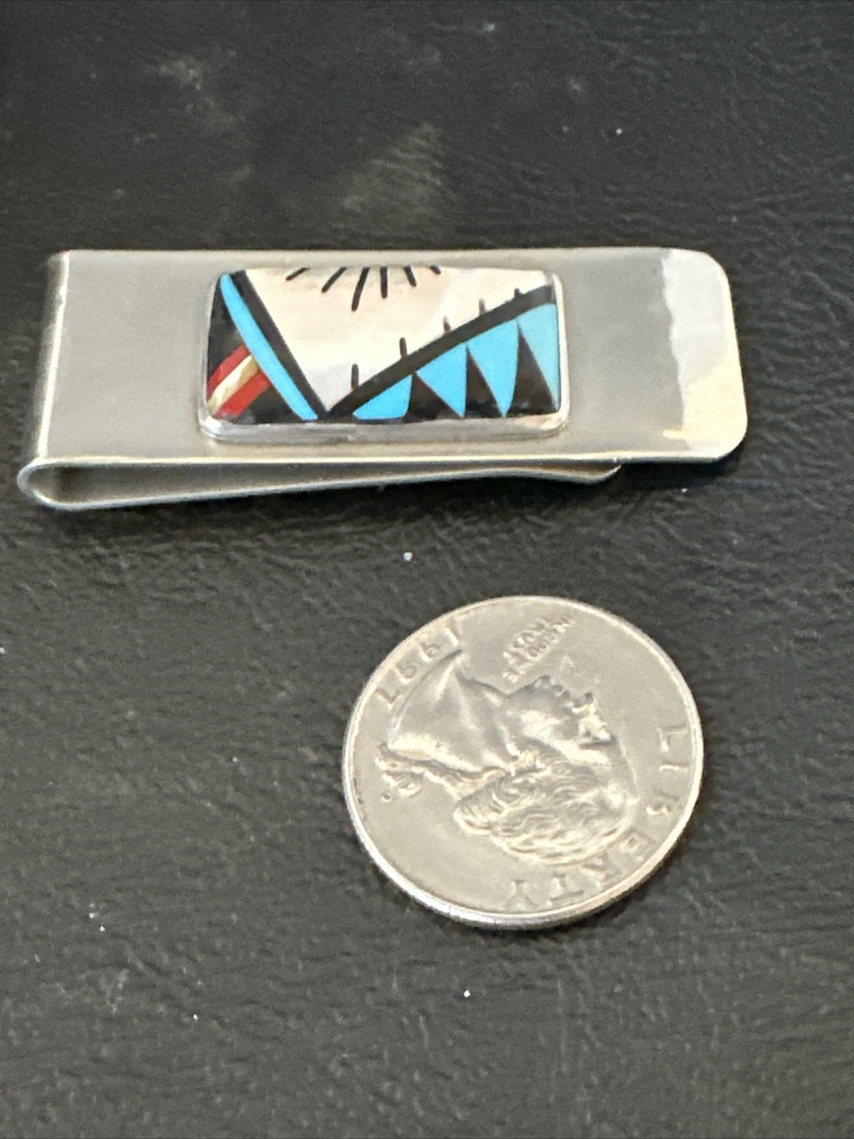 A Zuni Mens Turquoise Spiny Inlay Stainless Sterling Silver Money Clip 17834