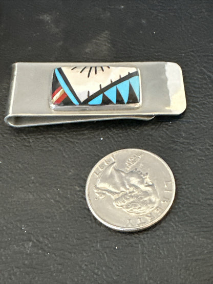A Zuni Mens Turquoise Spiny Inlay Stainless Sterling Silver Money Clip 17834