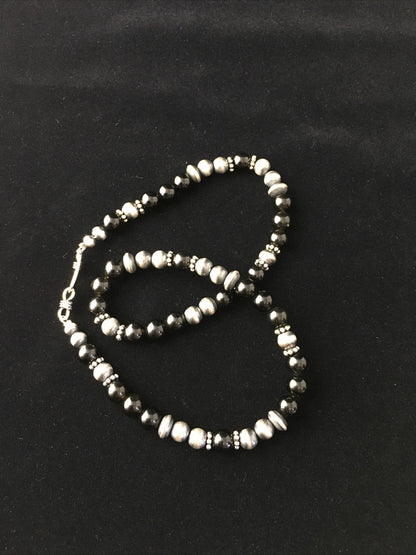 Mens Black Onyx Navajo Sterling Silver Bead Necklace 1743