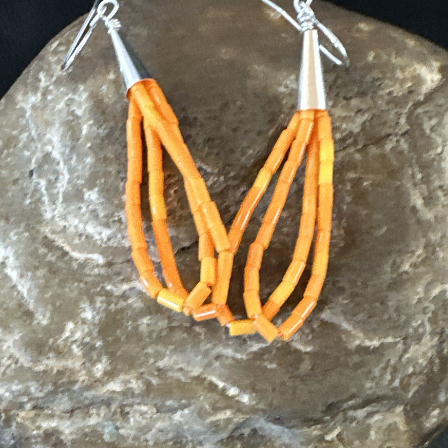 Orange Beads 2 Strands Heishi Liquid Sterling Silver Dangle Earrings 2" 18178