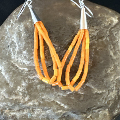 Orange Beads 2 Strands Heishi Liquid Sterling Silver Dangle Earrings 2" 18178