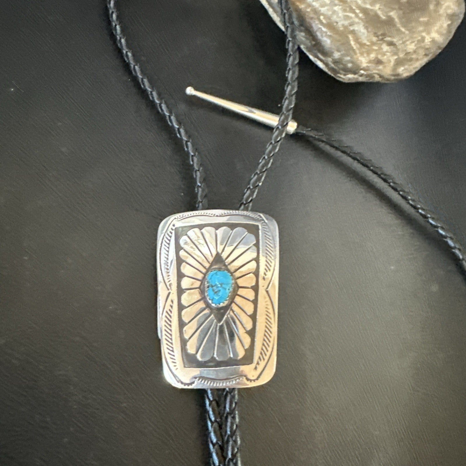 Mens Blue Kingman Turquoise Stamped Navajo Sterling Silver Bolo Tie 2” 19302
