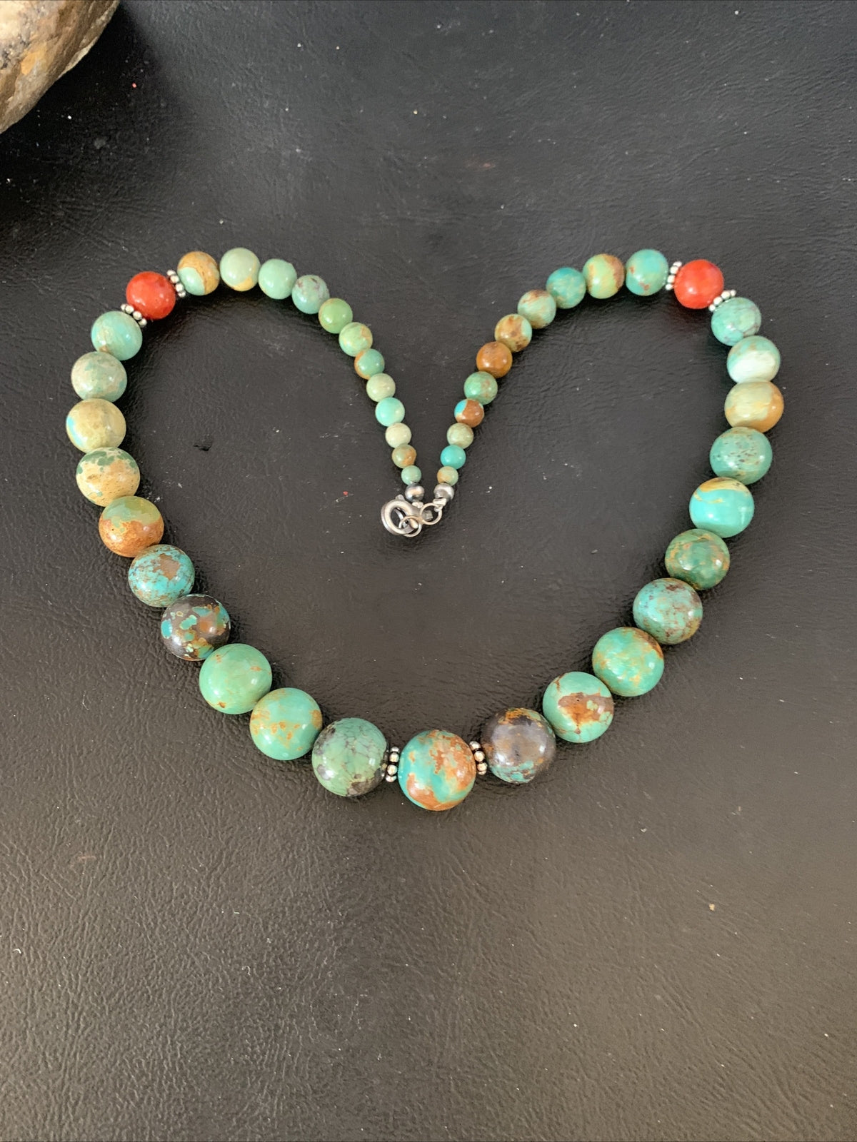 Green Turquoise Apple Coral Navajo Graduated Sterling SIlver Necklace 18" 13207N