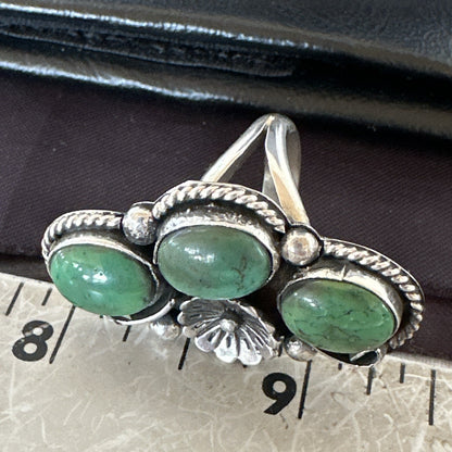 Yazzie Ring Green Turquoise Navajo Sterling Silver Cluster Size 7 19244