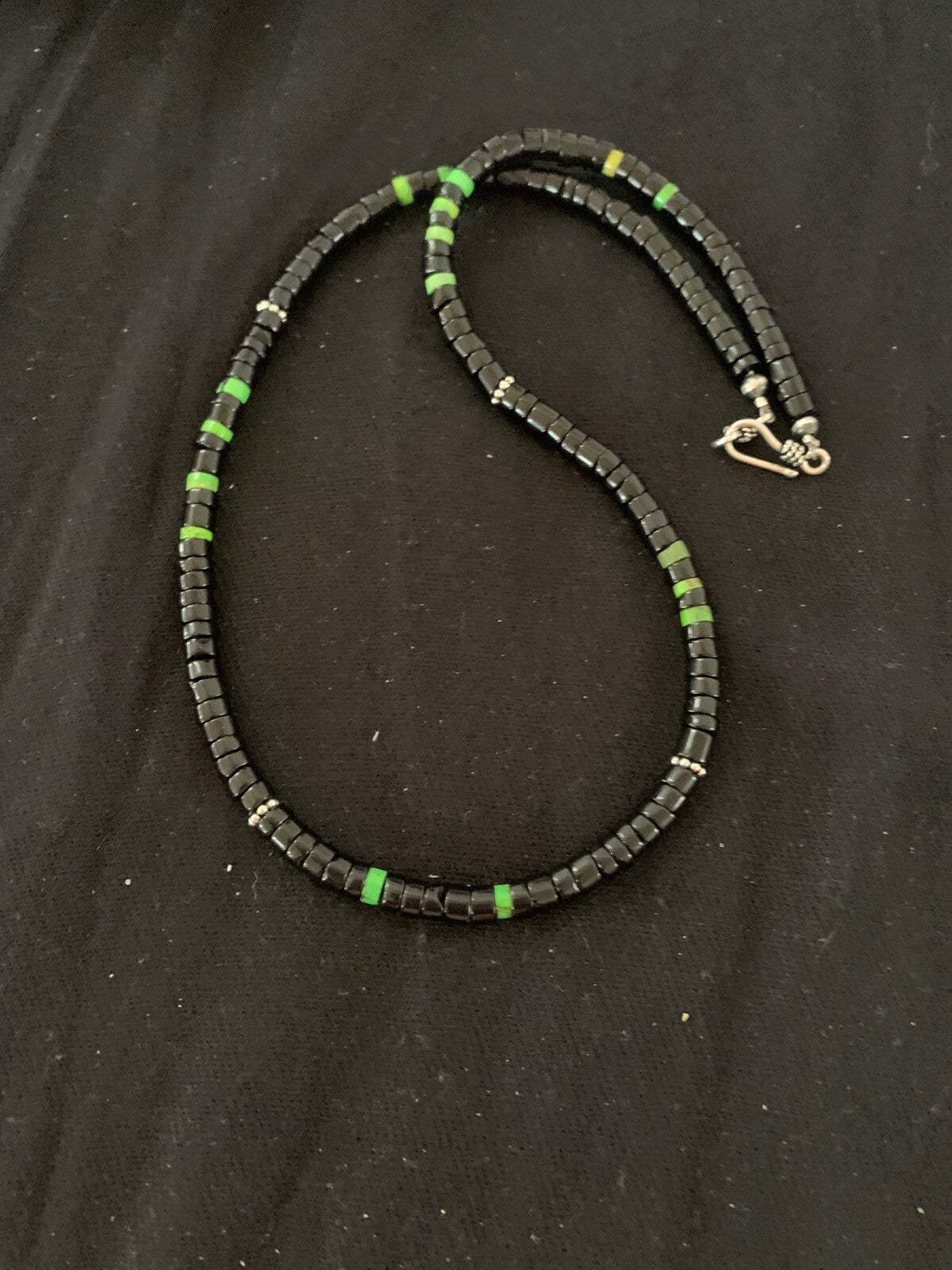 Native Green Turquoise & Onyx Heishi Navajo Sterling Silver Necklace 4687