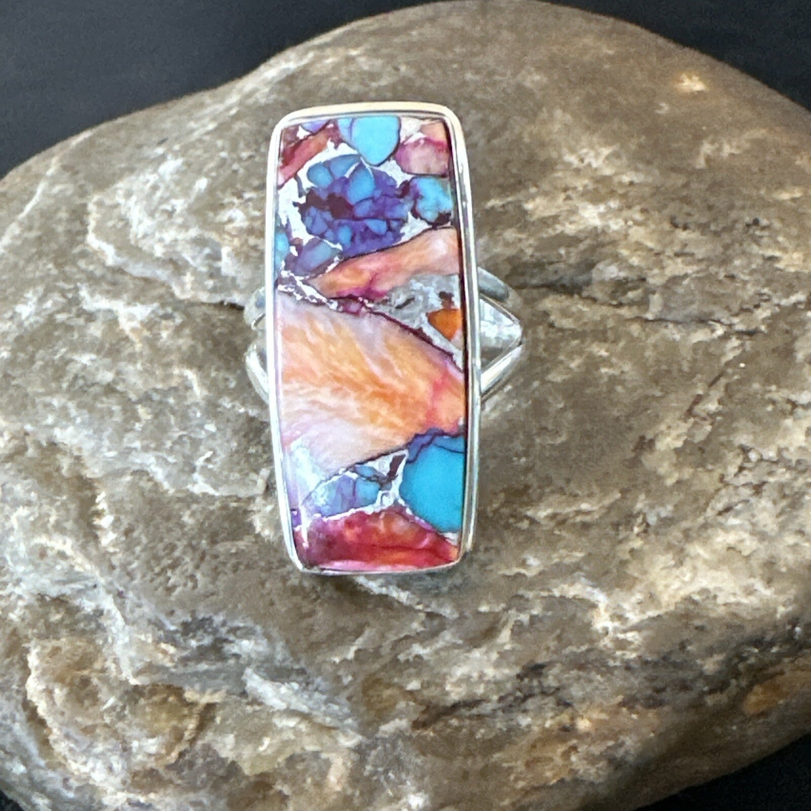 Blue Turquoise Spiny Oyster Southwestern Sterling Silver Ring Size 7 18489