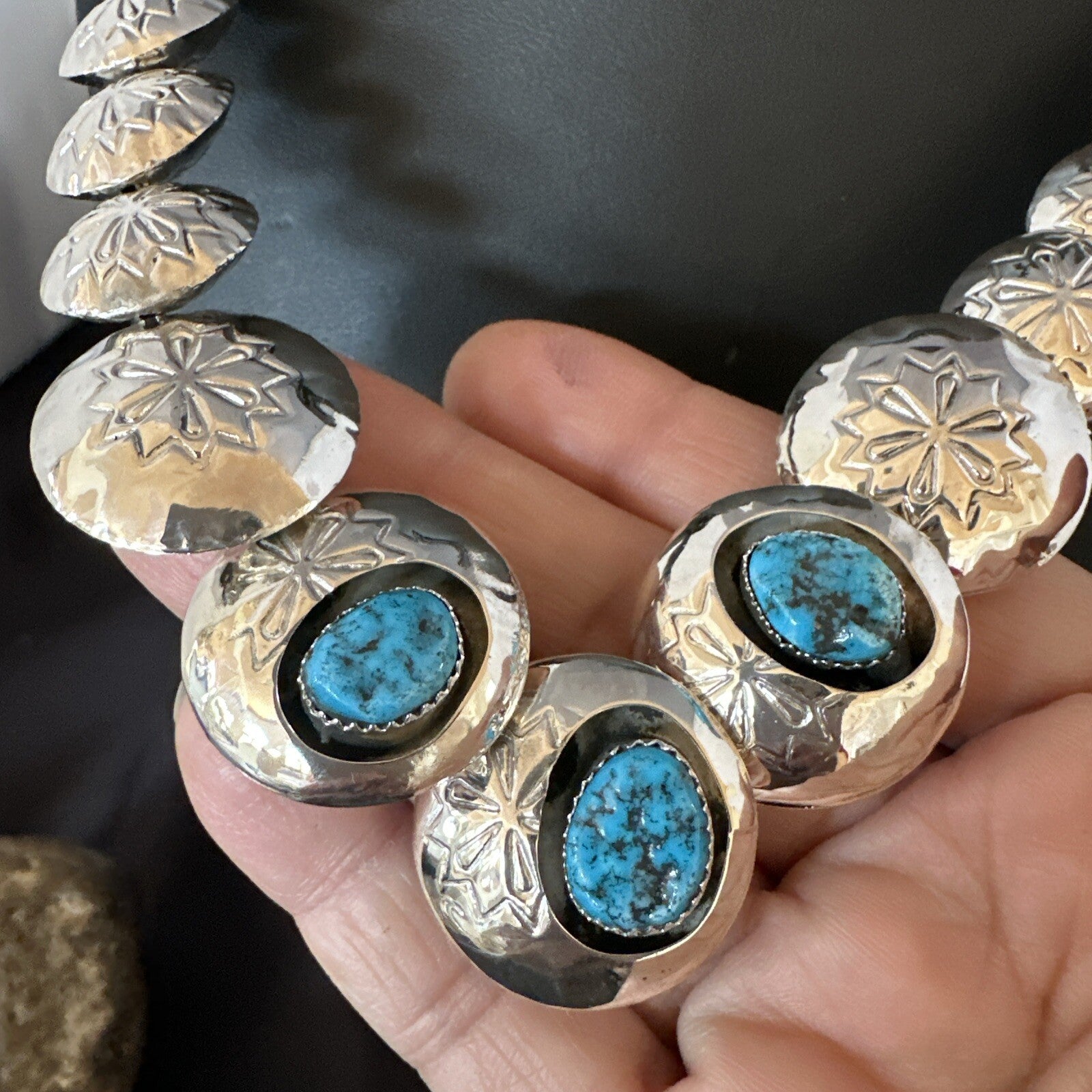 Kingman Turquoise Pillow Bead Navajo Sterling Silver Necklace Earrings 24" 17768