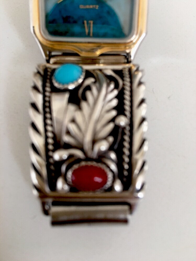 Women Blue Sleeping Beauty Turquoise Red Coral Sterling Silver Watches 10010