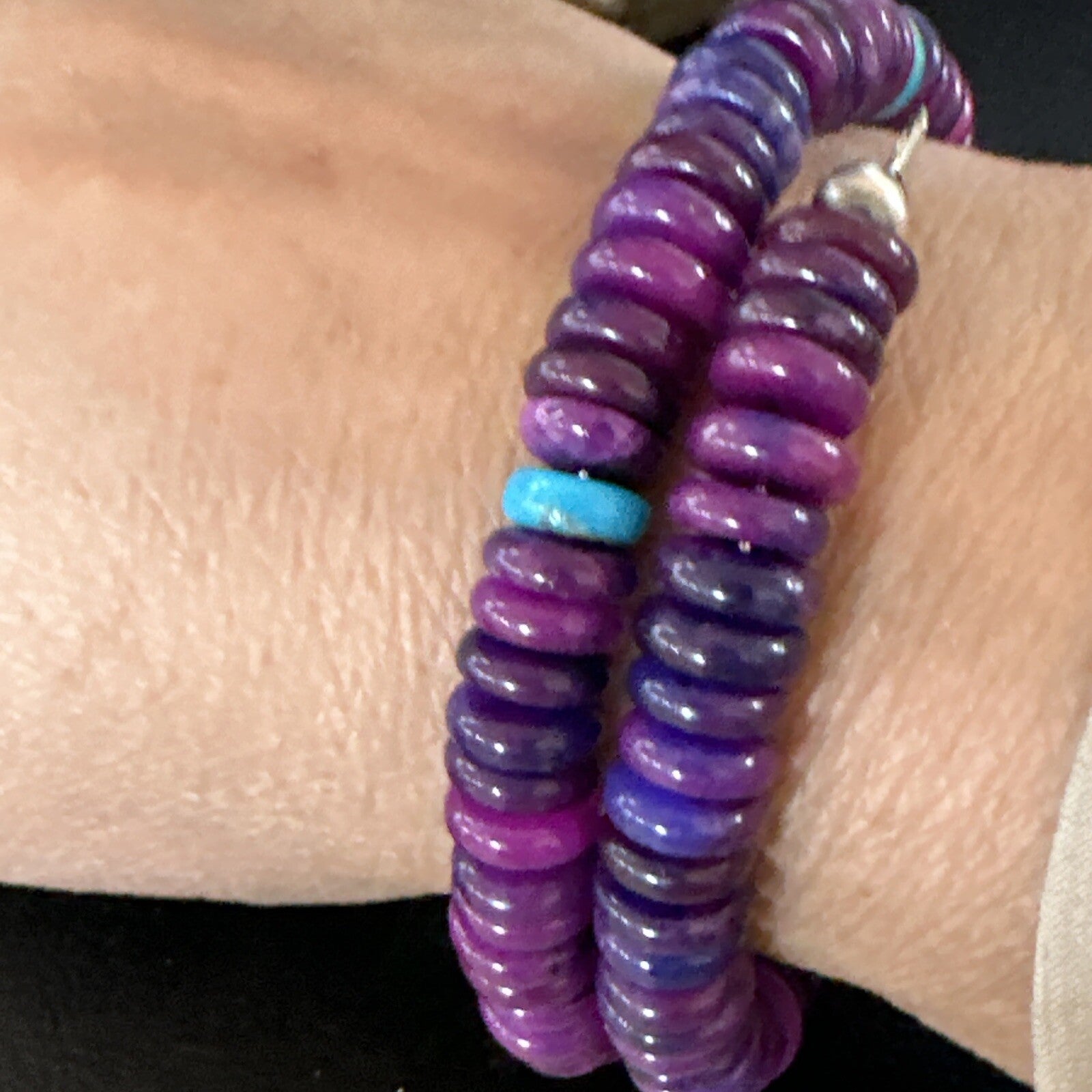 Purple Stone Turquoise 8mm Wire Bead Bracelet Navajo Sterling Silver 15241