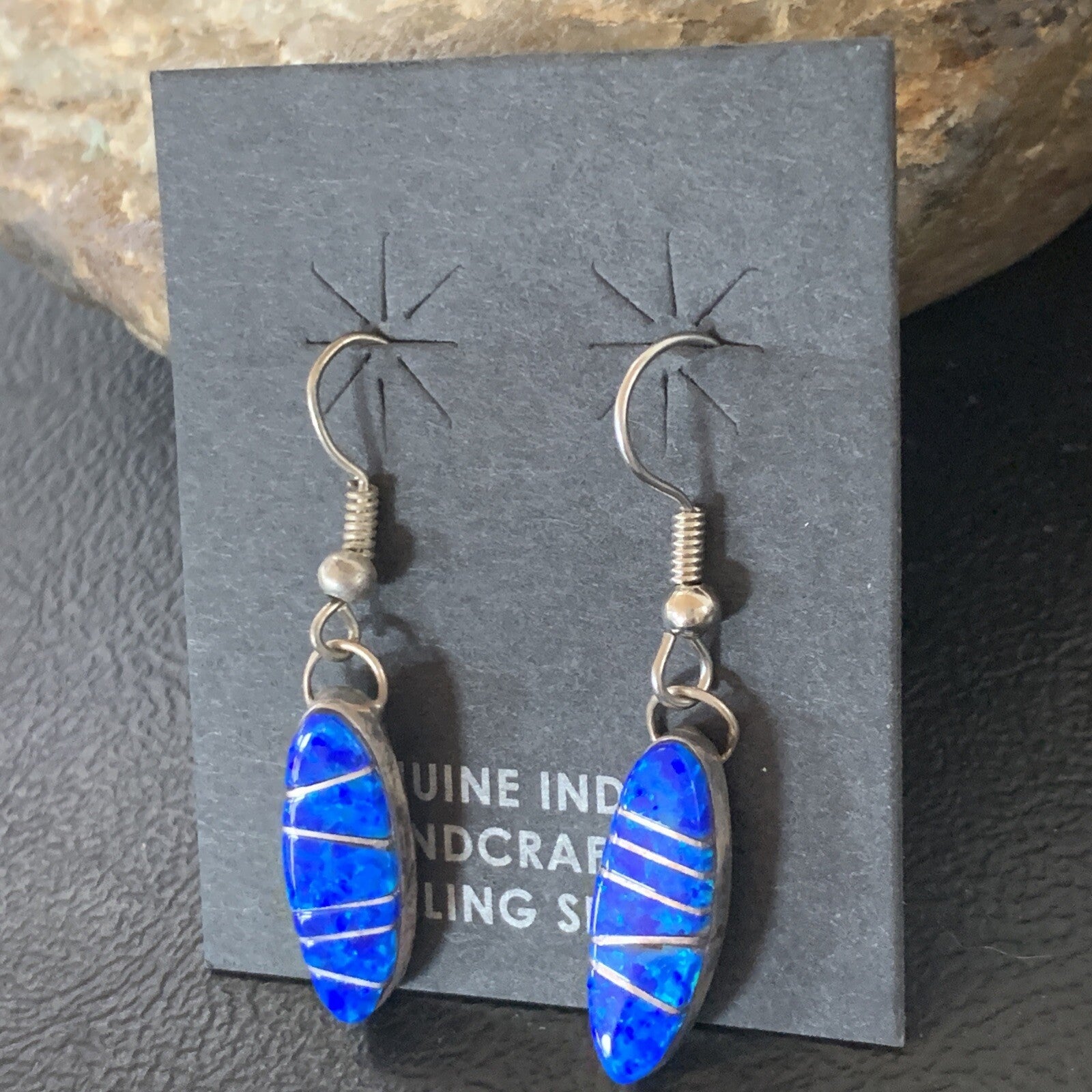 Womens Blue Opal Inlay Navajo Sterling Silver Dangle Earrings 12838