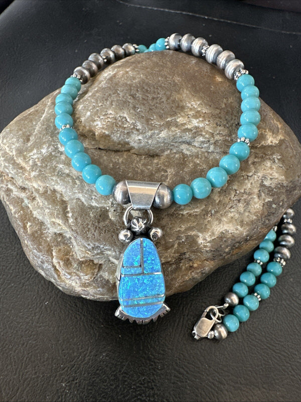 Blue Opal Pendant Turquoise Navajo Necklace 23" | Sterling Silver | Authentic Native American Handmade | 18734