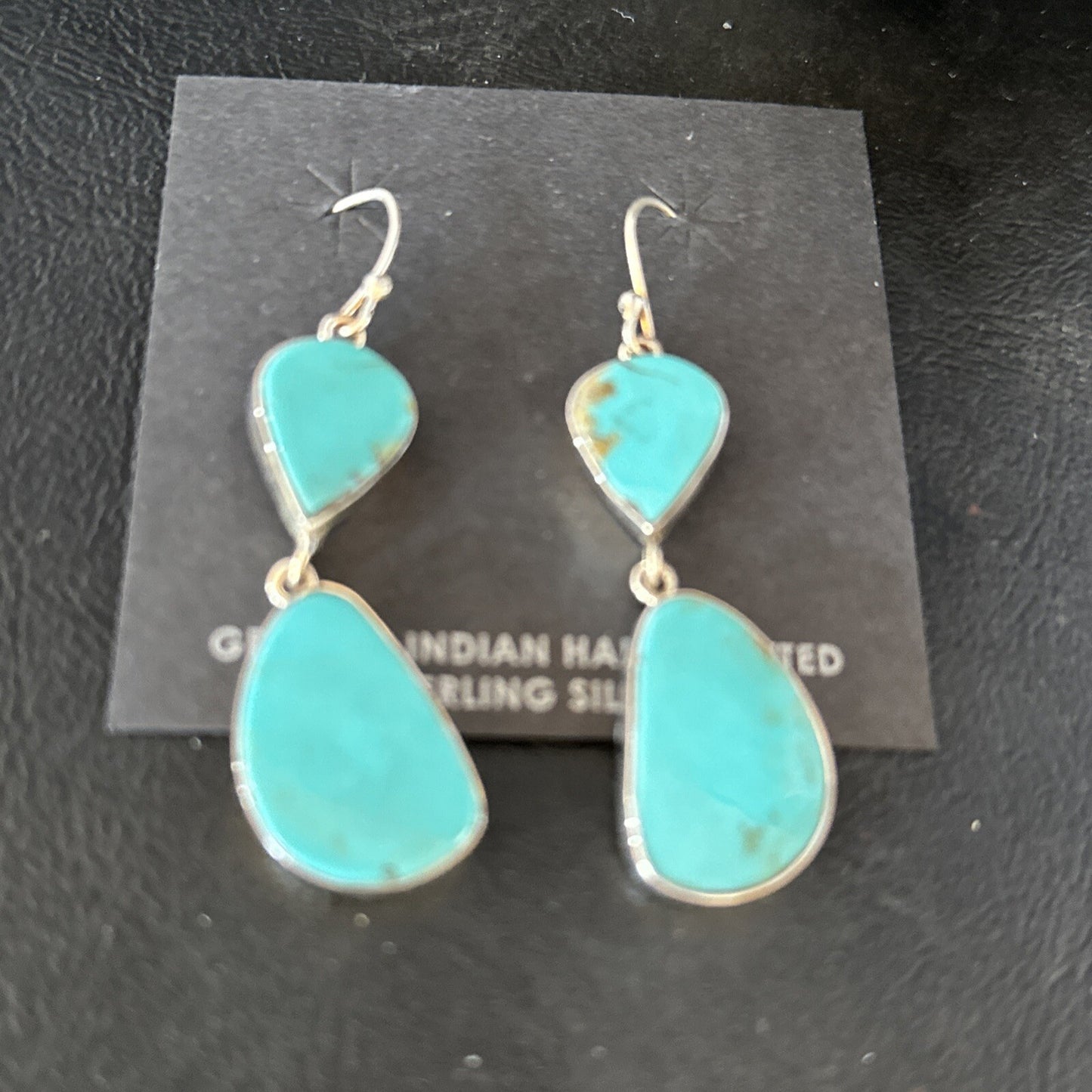 Blue Kingman Turquoise Navajo Sterling Silver Dangle 1.5" Earrings 14576