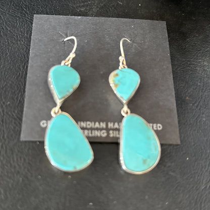 Blue Kingman Turquoise Navajo Sterling Silver Dangle 1.5" Earrings 14576